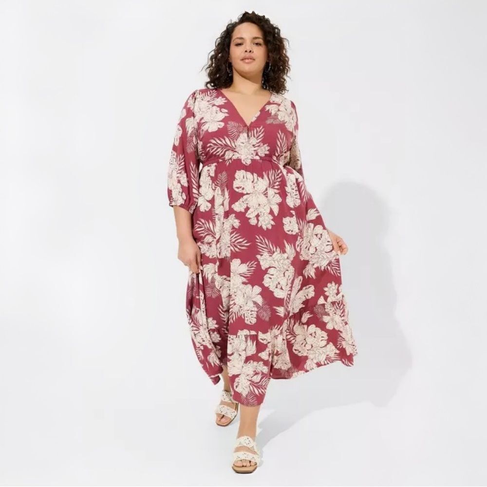 Torrid Maxi Challis Tiered V-Neck Dress | Neon Tropics Maroon | Size 2 (2X)